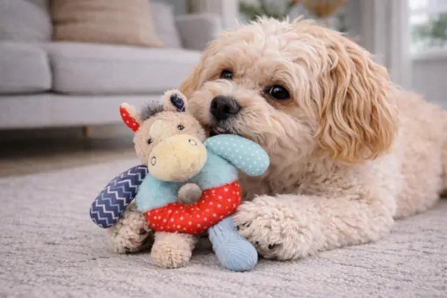 Hund leger med Companion hundelegetøj patchwork pony indendørs