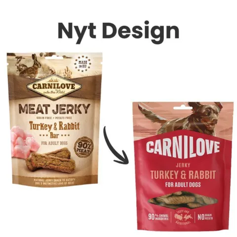 Carnilove Jerky Turkey Rabbit hundegodbidder i nyt design sammenlignet med tidligere emballage