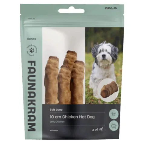 Faunakram Chicken Hot Dog 10 cm 170g hundesnack i pose