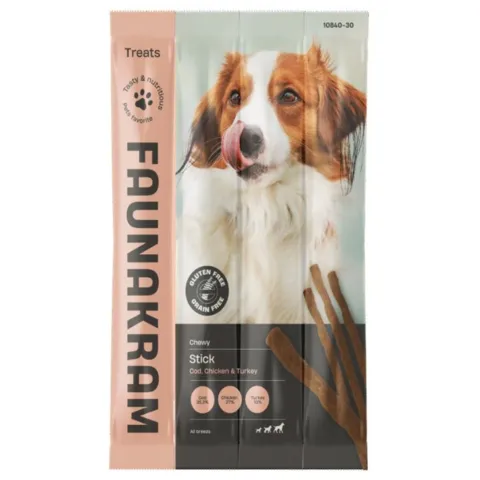Faunakram snacksticks med torsk kylling og kalkun 4 stk blød hundesnack i emballage