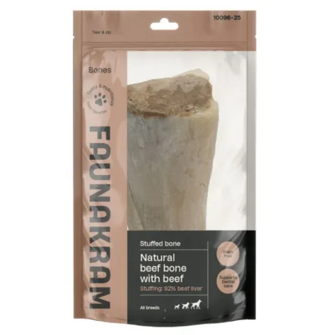 Faunakram okseben med okselever fyldt naturlig hundesnack i emballage