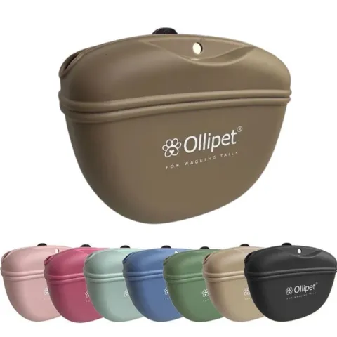 Ollipet godbidstaske i silikone med magnetlukning vist i flere farver