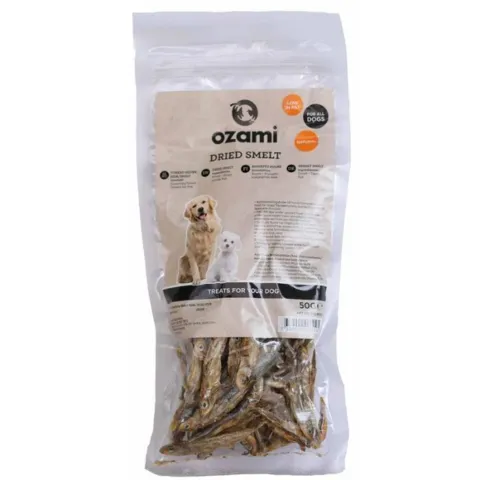 Ozami Dog Snack Small Sand Smelt 50g pose med naturlige tørrede småfisk til hund