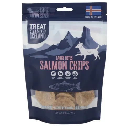 Treat Eaters Iceland Large Bites Salmon Chips – sprøde hundegodbidder med laks, lavet som lækre fiskesnacks til hunde.