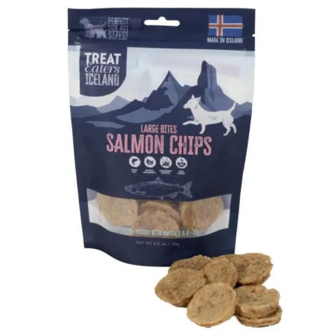 Treat Eaters Salmon Chips Large Bites – sprøde fiskegodbidder til hunde med laks og naturlig smag.