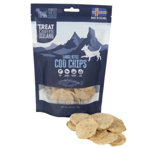 Sprøde Cod Chips Large Bites fra Treat Eaters Iceland – naturlige fiskegodbidder med god størrelse og lækker smag.