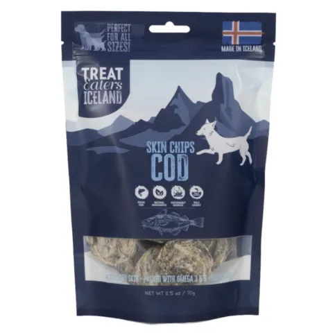 Treat Eaters Iceland Cod Skin Chips – sprøde hundegodbidder af torskeskind, lavet med fisk fra Island.