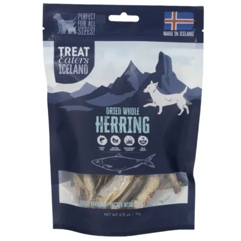 Treat Eaters Iceland Dried Whole Herring – tørrede hele sild til hunde, lavet som naturlige fiskegodbidder fra Island.