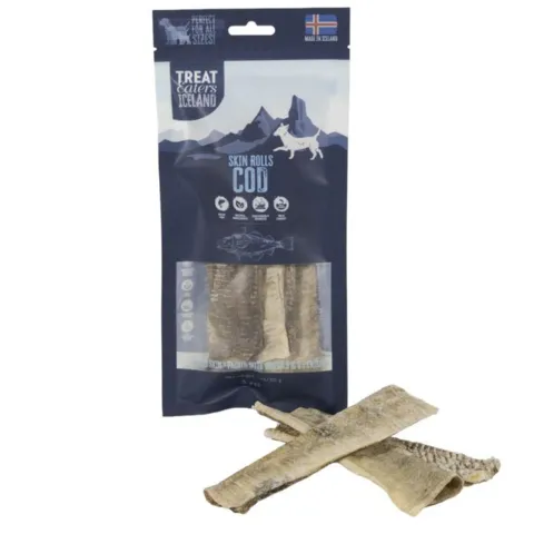 Naturlige Cod Skin Rolls fra Treat Eaters Iceland – sprøde fiskegodbidder af torskeskind til hunde.