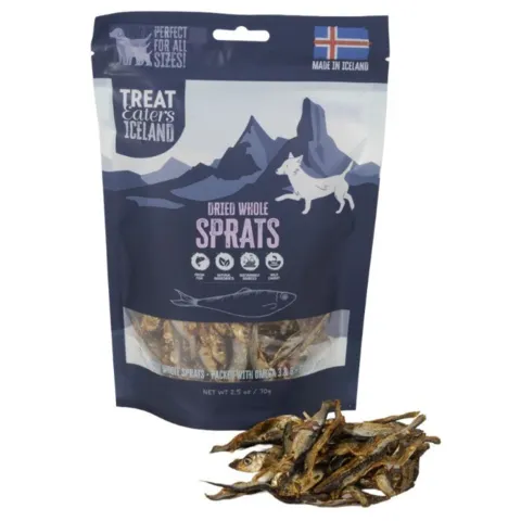 Treat Eaters Dried Whole Sprats – naturlige tørrede brislinger til hunde, velegnet som smagfuld fiskesnack.