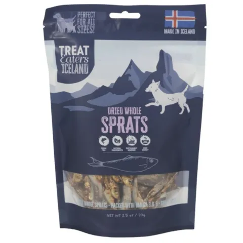 Treat Eaters Iceland Dried Whole Sprats – tørrede hele brislinger til hunde, lavet som naturlige fiskegodbidder fra Island.