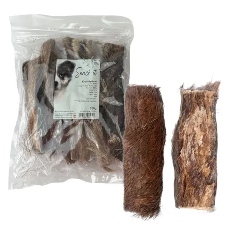 Pakketilbud med naturlige vildtsnacks til hund med krondyrhud med hår