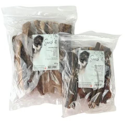 Pakketilbud med naturlige vildtsnacks til hund med krondyrhud