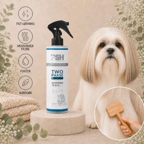 PSH Two Phase filt-løsende spray, der fugter, blødgør og modvirker filtre i hundens pels – vist med en Shih Tzu