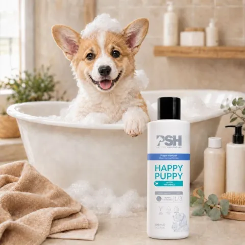 PSH Happy Puppy shampoo med biotin og panthenol – vist med en corgi-hvalp i et skumbad