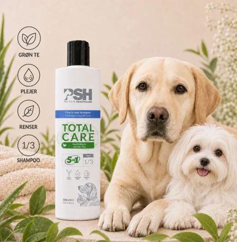 PSH Total Care shampoo med grøn te, som plejer og renser hundens pels – Til alle racer