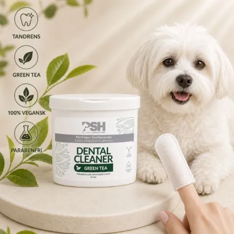 PSH Dental Cleaner med green tea og fingertandbørster til skånsom tandrens hos hunde. Produktet er 100 % vegansk og parabenfrit