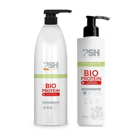 PSH Bio Protein No Rinse Conditioner Mask er en leave-in balsam til hunde og katte. Med hydrolyseret gærprotein og vitaminkompleks, der hjælper med at gøre pelsen blød, velplejet og lettere at rede. Fås i 300 ml og 1 liter.