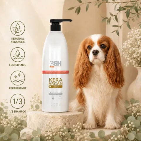 PSH Kera Argan shampoo med keratin og arganolie fugter og reparerer hundens pels, så den efterlades blød, stærk og velplejet
