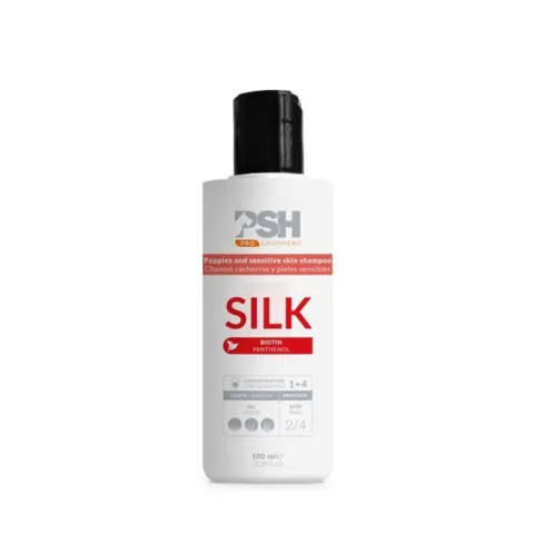 PSH Silk Shampoo 100 ml er en professionel hundeshampoo med biotin og panthenol. Velegnet til hvalpe og alle pelstyper.