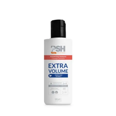 PSH Extra Volume Shampoo 100 ml er en professionel hundeshampoo med vindruekerneekstrakt. Velegnet til lang og krøllet pels.