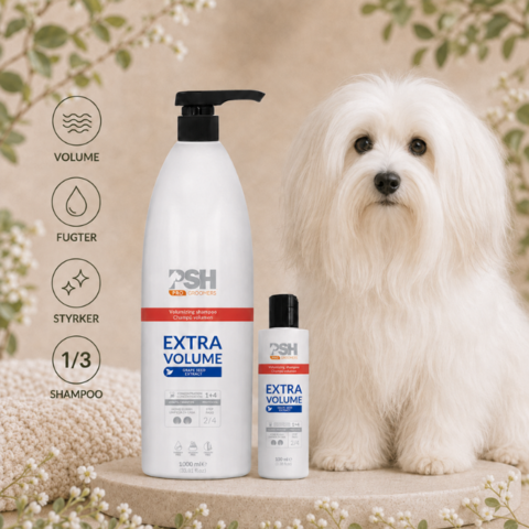 PSH Extra Volume Shampoo fugter og styrker hundens pels, samtidig med at den tilfører fylde og volumen. Koncentreret hundeshampoo til pelspleje.