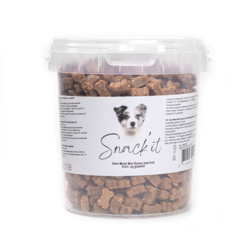 Snack'it Semi-Moist Mini Bones med and i praktisk bøtte med bløde korn- og glutenfri træningsgodbidder