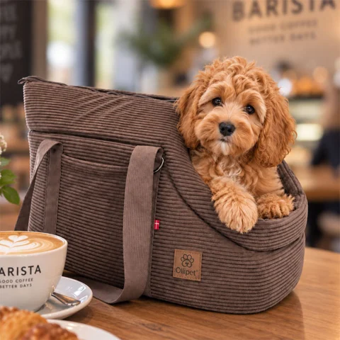 Ollipet Barista bæretaske i mokka med blød fløjlstekstur, bærehanke og åben front til små hunde.