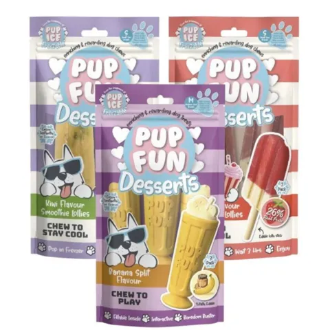 Pakketilbud | Pup Fun Desserts Frysbare Hundeis med kiwi, banansplit og jordbær til hunde.
