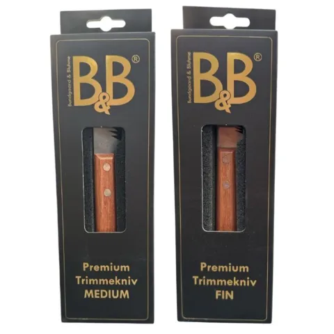 B&B Premium Trimmekniv i varianterne Fin og Medium til håndtrimning af ruhårede hunde.