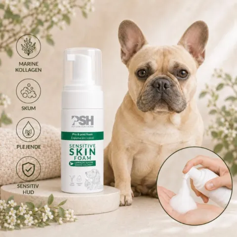 PSH Sensitive Skin Foam med marine kollagen til pleje af sensitiv hud – vist sammen med en fransk bulldog og produktets skum
