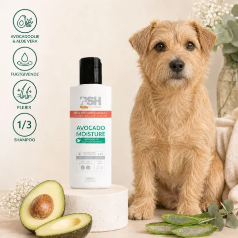 PSH Avocado Moisture shampoo med avocadoolie og aloe vera fugter og plejer hundens pels, så den efterlades blød og velplejet
