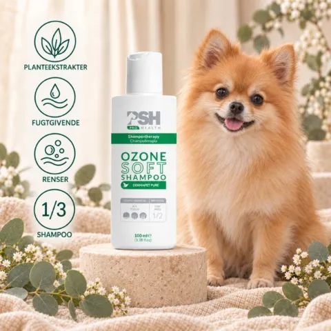 PSH Ozone Soft shampoo med planteekstrakter renser og fugter hundens pels skånsomt, så den efterlades ren, blød og velplejet