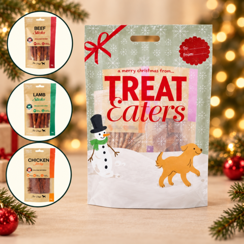 Treat Eaters julegavepose med tre varianter af hundegodbidder: Beef Sticks, Lamb Sticks og Chicken Jerky.
