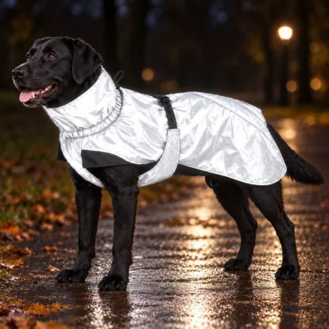 Se forskellen, når lyset rammer: Jakkens fuldt reflekterende stof gør hunden langt mere synlig på mørke gåture