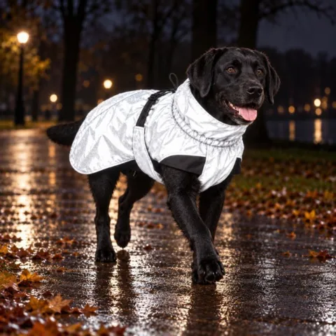 Gå aftenturen med større synlighed. Den reflekterende regnjakke træder tydeligt frem, når hunden er i bevægelse