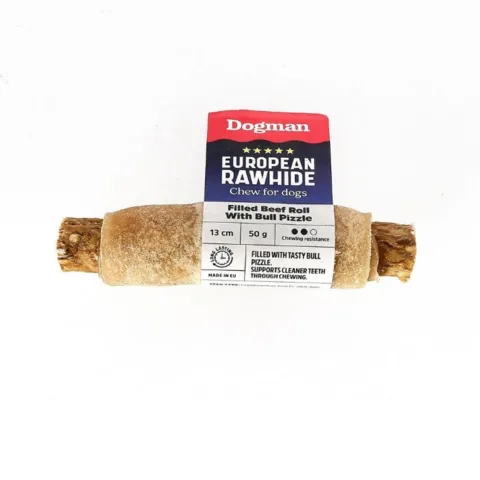 Lufttørret Oksehudsrulle med fyld af Oksepenis til hund på 13 cm