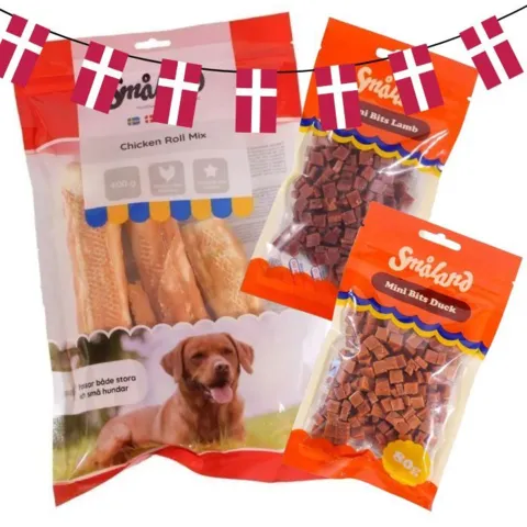Småland godbidspakke med Chicken Roll Mix, Mini Bits Lamb og Mini Bits Duck