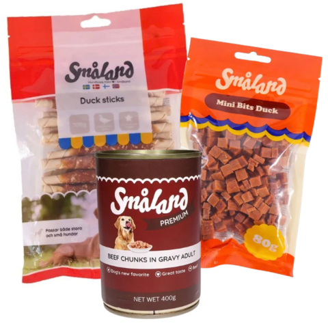 Småland pakketilbud med Duck Sticks, Mini Bits Duck og vådfoder med oksekød