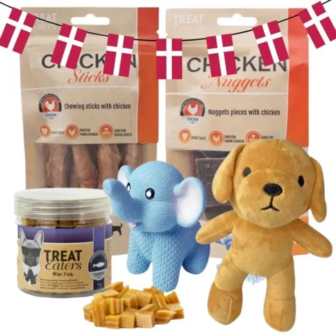 Forkælelsespakke til hunde med Treateaters kyllingesnacks og Mini Fish Cubes, Ollipet latexelefanten Bodil og hundebamsen Rollo