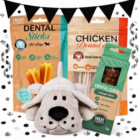 Black November pakketilbud med cremefarvet Cuddly Dog plyshund, Treateaters Collagen Dental Chew, Chicken Dental Chew og Dental Sticks med sorte flag og confetti