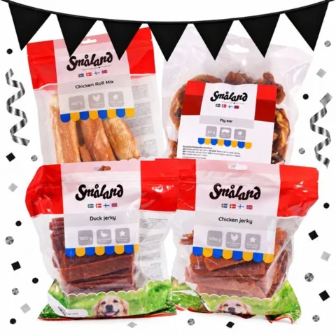 Fyld snacklageret med Småland favoritter til Black November. Fire poser med lækre hundegodbidder og tyggesnacks til hverdagens små forkælelsesstunder.