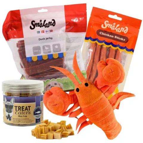 Giv din hund sjov snuseleg og lækre belønninger med Ollipet snusehummer, Duck Jerky, Chicken Sticks og Mini Fish. En pakke fyldt med forkælelse
