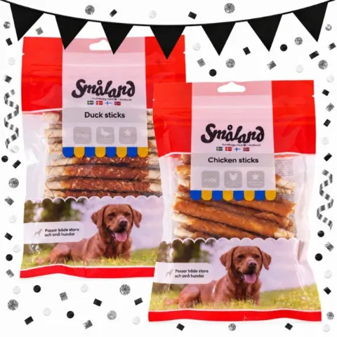 Smagfuld tyggeglæde med Småland Duck Sticks og Chicken Sticks. To lækre varianter samlet i én pakke med i alt 600 g