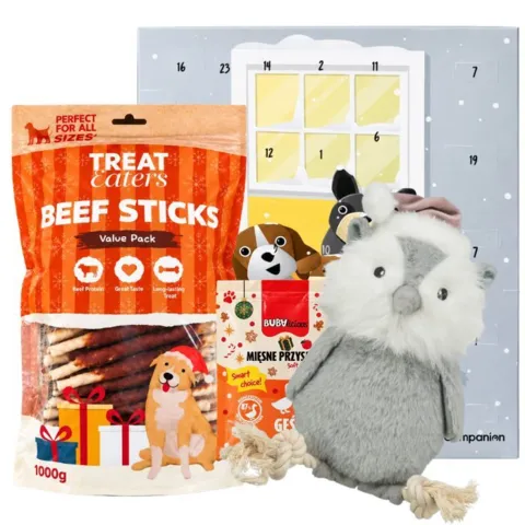 Julepakketilbud til hund med Companion julekalender, Treateaters No-Hide Sticks med oksekød, Trixie juleugle og Buba godbidder med gås, æble og kanel