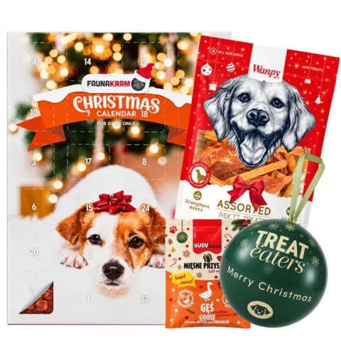 Forkæl din hund gennem december med en julepakke fyldt med kalendergodbidder, varierede kyllingesnacks og lækker smag af gås, æble og kanel