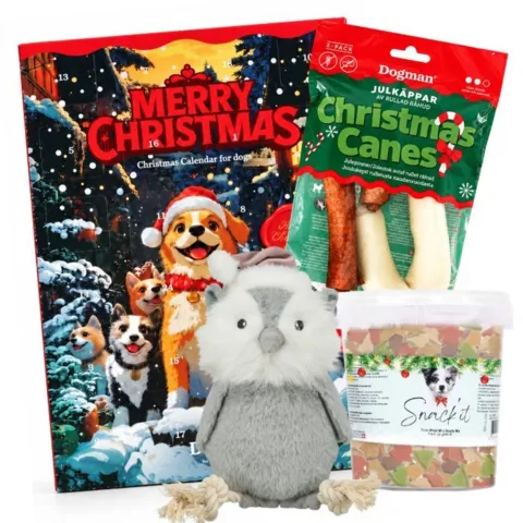 Forkæl din hund med Dogman julekalender, Snack'it Julemix, to julestokke og en blød Trixie juleugle med reb og lyd