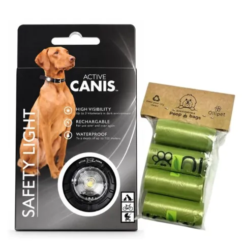 Praktisk gåturspakke med hvid Active Canis Safety Light og Ollipet BioBags hømhømposer – til synlighed i mørket og nem opsamling på turen