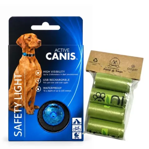 Gør hunden mere synlig med en blå, genopladelig hundelygte, og hav 60 slidstærke Ollipet hømhømposer klar til hverdagens gåture.