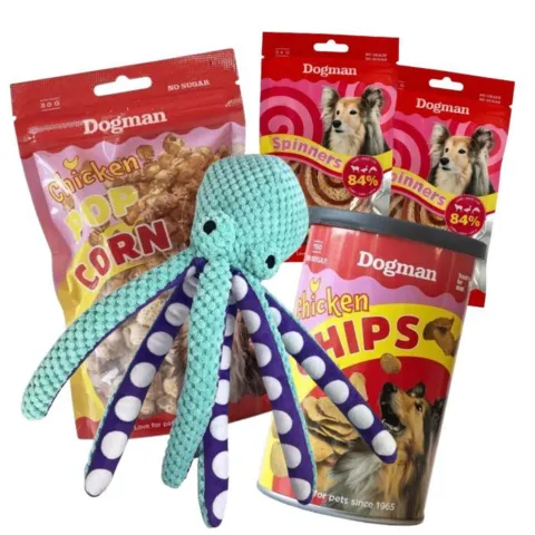 Gør hundens fredagshygge ekstra lækker med varierede Dogman snacks og Ollipet Blæksprutten Charlie, en blød legekammerat med piv